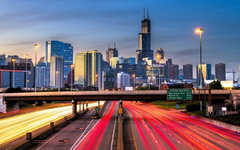 Chicago, Illinois, USA downtown skyline over highways